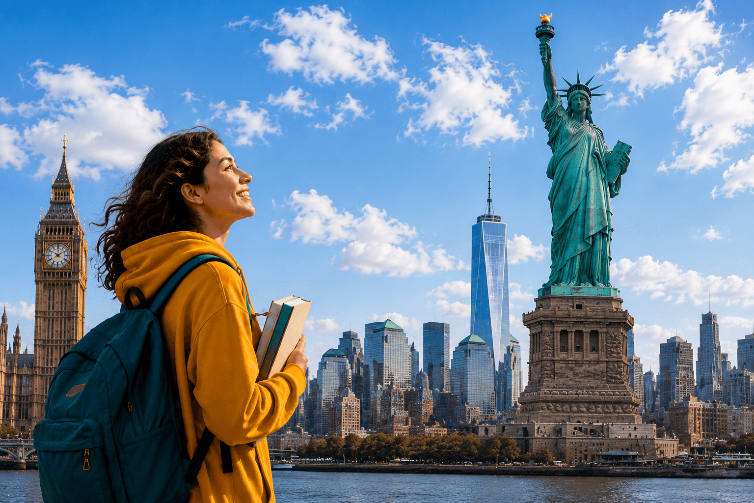 A study abroad student in front of the Statue of Liberty and Big Ben - I20 Scholars